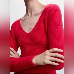 Mango Red V Neck Wool Blend Sweater